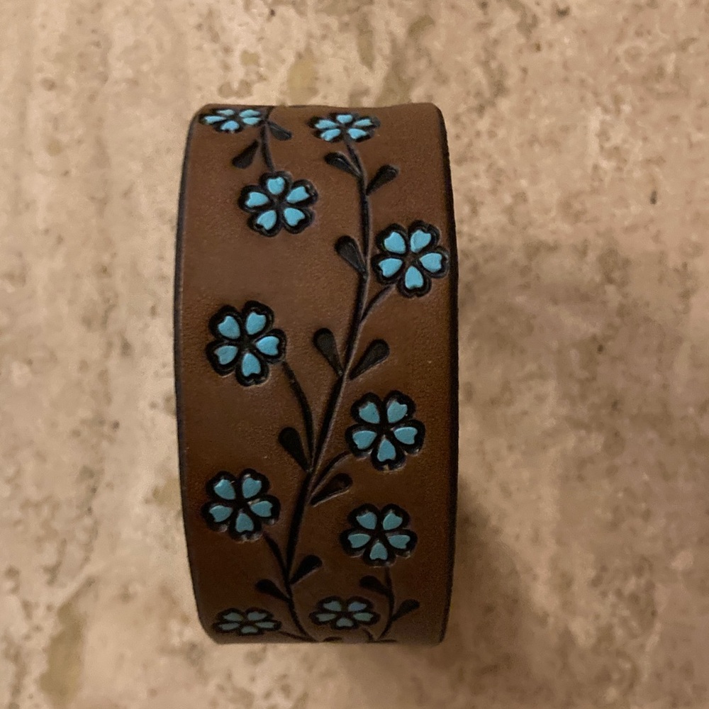Brown with Blue Flowers Leather Bracelet Western Snap Nature Inspired Cabincore - Picture 9 of 10